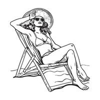 mulher sentado em de praia cadeira estoque imagens vetor