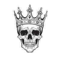 mão desenhado crânio com uma coroa em Está cabeça, Preto e branco gráfico ilustração vetor