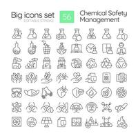 químico segurança gestão linear ícones definir. de Meio Ambiente impacto. químico processos, tóxico materiais. Customizável fino linha símbolos. isolado esboço ilustrações. editável acidente vascular encefálico vetor