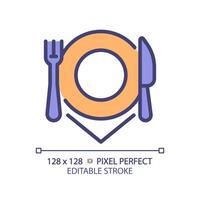 restaurante talheres Lugar, colocar configuração pixel perfeito rgb cor ícone. cliente serviço, jantar experiência. cozinhando equipamento. isolado ilustração. simples preenchidas linha desenho. editável acidente vascular encefálico vetor