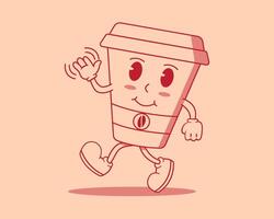 retro desenho animado ilustração do uma feliz caminhando copo do café mascote Projeto modelo vetor