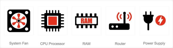 uma conjunto do 5 computador partes ícones Como sistema fã, CPU processador, RAM vetor