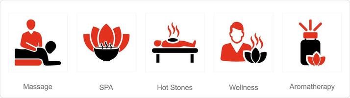 uma conjunto do 5 beleza e spa ícones Como massagem, spa, quente pedras vetor