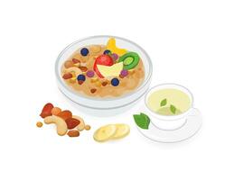 tigela do saboroso aveia mingau decorado com fresco tropical frutas e copo do quente verde chá isolado em branco fundo. caseiro cereal prato, saudável café da manhã refeição. colorida ilustração. vetor