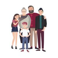 retrato do feliz família. sorridente avô, avó e seus Adolescência netos em pé juntos isolado em branco fundo. engraçado plano desenho animado personagens. colori ilustração. vetor