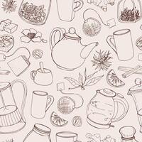 contorno desatado padronizar com mão desenhado Ferramentas para preparando e bebendo chá - elétrico chaleira, francês imprensa, bule de chá, xícara, caneca, açúcar, limão, ervas e especiarias. ilustração dentro luz cores. vetor