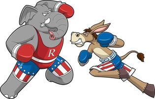 republicano elefante e democrata asno desenho animado personagens boxe vetor