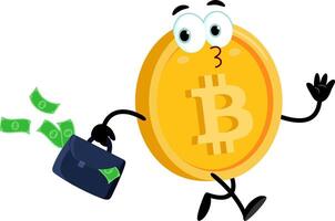 bitcoin desenho animado personagem caminhando com pasta cheio do dinheiro vetor