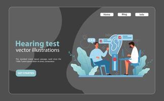 audição teste procedimento. detalhado ilustração do uma paciente passando por a audiométrico teste com. vetor