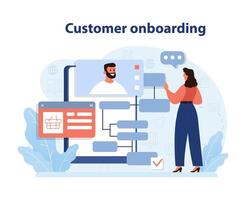 mulher envolve dentro uma digital cliente onboarding processo. vetor