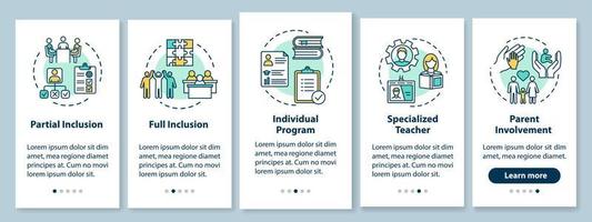 Tela da página do aplicativo móvel de integração educacional inclusiva com conceitos. assistência educacional para deficientes físicos passo a passo de cinco etapas de instruções gráficas. modelo de vetor ui com ilustrações coloridas rgb