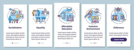 Tela da página do aplicativo móvel de integração educacional inclusiva com conceitos. condições especiais para deficientes físicos passo a passo de cinco etapas de instruções gráficas. modelo de vetor ui com ilustrações coloridas rgb