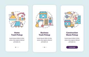tela da página do aplicativo móvel de integração e coleta de resíduos. gerenciamento de lixo passo a passo 3 etapas instruções gráficas com conceitos. modelo de vetor ui, ux, gui com ilustrações coloridas lineares