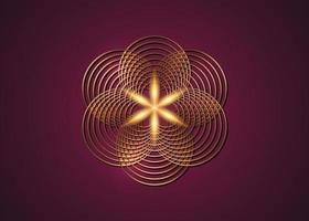 semente da geometria sagrada do símbolo da vida. ícone do logotipo de ouro mandala mística geométrica da alquimia, flor esotérica da vida. círculos de ouro entrelaçados, amuleto meditativo divino de vetor isolado em fundo roxo