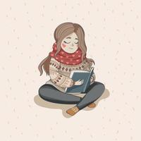 linda garota em uma camisola de malha e lenço vermelho sentado e lendo um livro. cachecol de inverno e agasalho quente com enfeites vetor