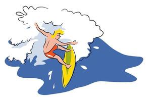 doodle simples de uma surfista loira surfando em uma onda do mar vetor