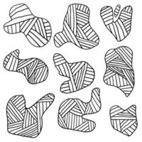 conjunto de ícones de respingo listrado doodle isolado no fundo branco. formas desiguais. manchas bonitas, borrões criativos, respingos.