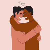 masculino gay casal dentro amar. interracial homossexual casal. amor conceito. lgbtq pessoas dentro romântico relacionamentos.dois feliz homens abraçando, sorridente. orgulho mês. homens abraço cada outro. ilustração. vetor