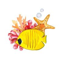 mar composição com amarelo peixe, estrelas do mar e algas. aguarela ilustração vetor