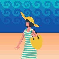 ilustração verão feriados período de férias. uma mulher em férias, dentro uma roupa de banho, anda em ao longo a de praia. mulher costas visualizar. mar, céu, praia, bronzeada menina vetor