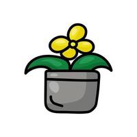 pequena flor desabrochando em vaso cinza, planta caseira em estilo doodle vetor