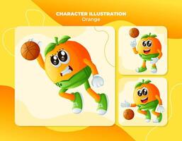 fofa laranja personagens jogando basquetebol vetor