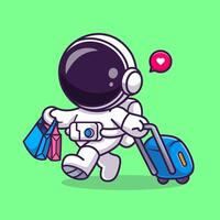 fofa astronauta viajando com mala de viagem e saco desenho animado vetor