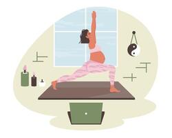 ioga às lar. grávida mulher fazendo ioga em computador portátil. ioga treinador on-line. futuro mãe fazendo exercícios, meditação, pilates dentro sala. saudável estilo de vida, cuidados com o corpo, Cuidado para futuro criança. vetor