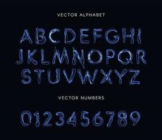 conjunto de letras e números de estilo relâmpago azul. fonte de plasma incomum, alfabeto de linhas de eletricidade, magia abc. composição do vetor. vetor
