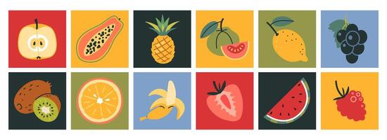conjunto do vários exótico tropical frutas, desenho animado estilo. quadrado colorida ícones. engraçado brilhante adesivos na moda moderno ilustração, mão retirou, plano Projeto vetor