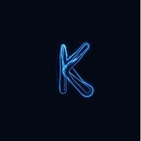 relâmpago realista letra k, logotipo de luva brilhante, símbolo de estilo de brilho de energia elétrica, sinal de tipo de plasma tesla azul. ilustração em vetor raio, design de tipografia