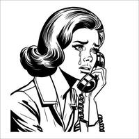 vintage retro pop arte mulher chorando em a telefone linha arte quadrinho Preto e branco 08 vetor