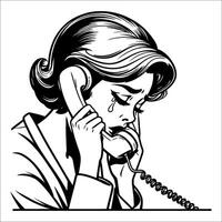 vintage retro pop arte mulher chorando em a telefone linha arte quadrinho Preto e branco 07 vetor