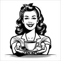 vintage retro anos 40 sorridente mulher oferta uma copo do café linha arte desenhando 03 vetor