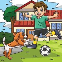 Garoto e uma cachorro jogando futebol colori desenho animado vetor