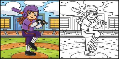 menina reforço beisebol bastão coloração ilustração vetor