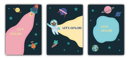 modelo de cartão de espaço vetorial. banner com galáxia, estrelas, astronauta, alienígena, planeta, nave espacial para crianças. ilustração plana fofa vetor