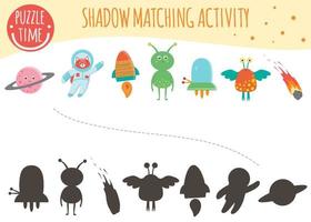 atividade de correspondência de sombra para crianças. tópico de espaço. personagens fofinhos engraçados sorridentes. vetor
