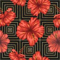 vetor sem costura padrão geométrico com flores de hibisco vermelho brilhante sobre fundo preto com textura dourada. repetir o cenário tropical. papel de parede moderno da selva exótica.