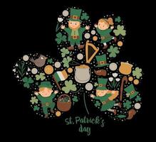 moldura de dia de Saint Patrick com duende, trevo em fundo preto. banner ou convite com o tema do feriado irlandês em forma de trevo. modelo de cartão bonito engraçado primavera. vetor