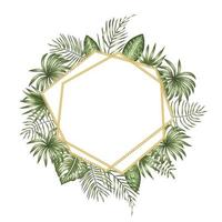 modelo de quadro de vetor com folhas tropicais e corrente dourada com lugar em branco para texto. cartão de layout quadrado com lugar para texto. design de primavera ou verão para eventos de convite, casamento, festa, promoção.