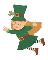 vector plana engraçada fada em roupas tradicionais verdes e chapéu com trevo. cute st. ilustração do dia de patrick. ícone do feriado nacional da Irlanda isolado no fundo branco.