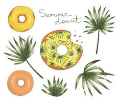 ilustração em vetor de donut com glacê amarelo com folhas verdes de palmeira. design original do menu de verão. conceito de sobremesa tropical. rosquinha exótica