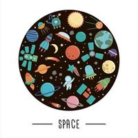 conjunto de elementos bonitos do espaço sideral com nave espacial, planetas, estrelas, ufo para crianças enquadradas em círculo de vetor. vetor