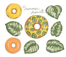 ilustração em vetor de donut com glacê amarelo com folhas verdes de monstera. design original do menu de verão. conceito de sobremesa tropical. rosquinha exótica