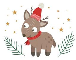 vector veado bonitinho com chapéu vermelho e lenço com galhos de árvore do abeto e estrelas isoladas no fundo branco. ilustração animal de inverno bonito. personagem de natal engraçado