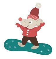 ilustração em vetor de mouse em roupas de snowboard. animal bonito da floresta fazendo atividades de inverno. personagem engraçado da floresta com snowboard