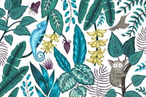 fundo do vetor com plantas tropicais, insetos e animais. ilustração de selva exótica com camaleão, tarsier, ave do paraíso, borboleta, bananas.