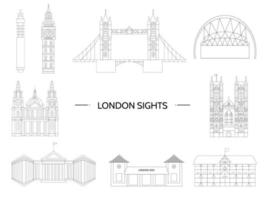 conjunto de pontos turísticos de Londres. ilustração do vetor de locais de interesse da inglaterra. símbolos da cidade de Londres. desenho de linha do vetor. ilustração plana geométrica