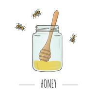 ilustração em vetor de pote de mel com colher e abelhas. banner, cartão, modelo, sinal, tabuleta ou cartaz para loja de mel caseiro. ícone, logotipo ou sinal com o tema mel.